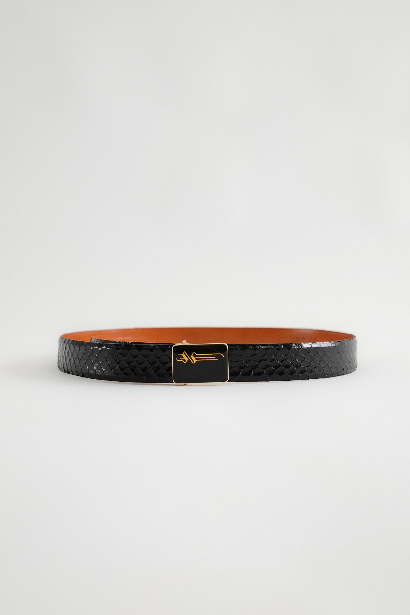 ITALIAN SNAKESKIN & ENAMEL EMBLEM BELT IN BLACK PYTHON