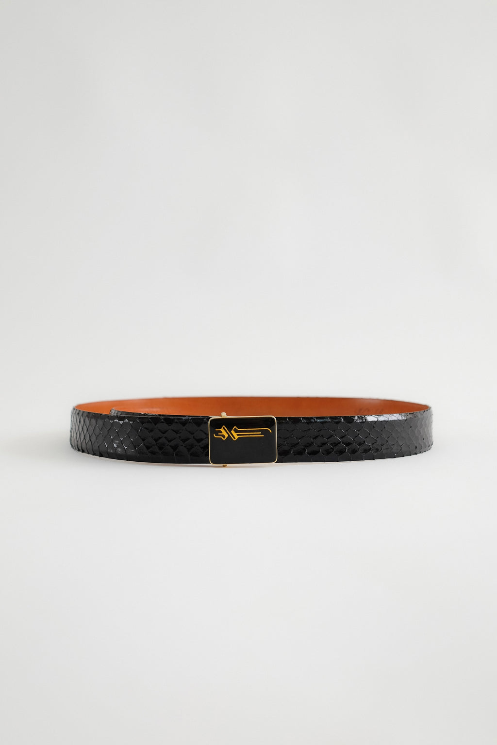 ITALIAN SNAKESKIN & ENAMEL EMBLEM BELT IN BLACK PYTHON