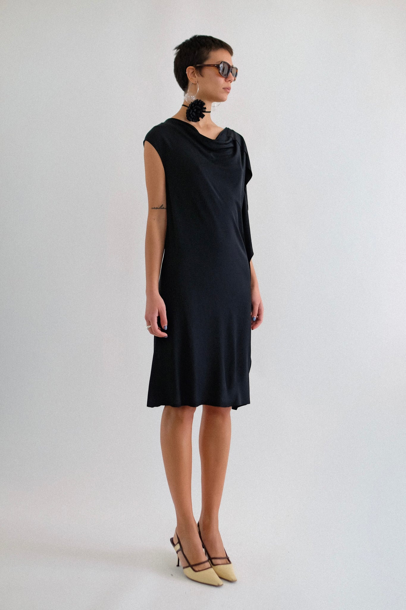 SALVATORE FERRAGAMO ASYMMETRIC DRAPED DRESS IN BLACK