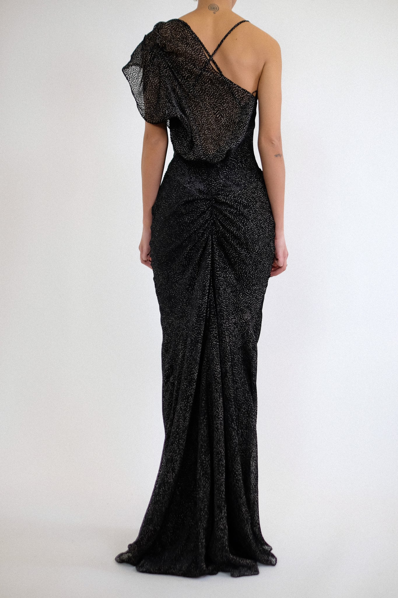 JOHN GALLIANO 2000s DRAPED GOWN IN BLACK AND WHITE DEVORÉ