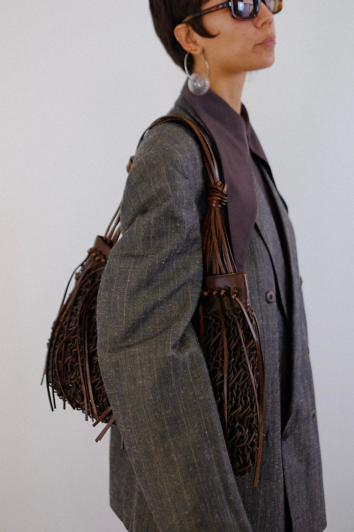 PHILOSOPHY BY ALBERTA FERRETTI WOVEN LEATHER & KNIT BAG IN CHOCOLATE BROWN