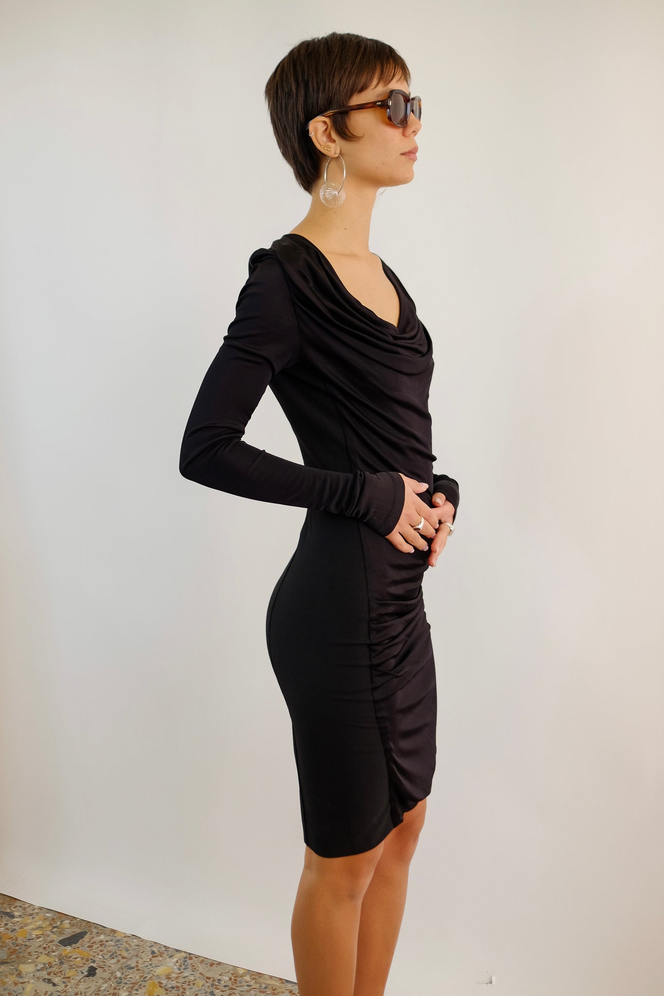 PATRIZIA PEPE COWL NECK MINI DRESS IN BLACK