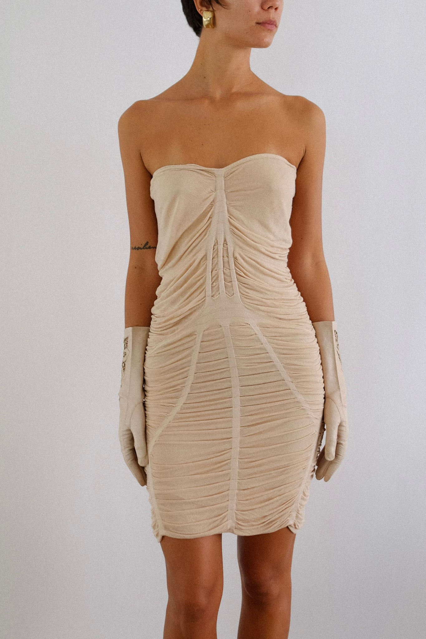 PATRIZIA PEPE TRCH-PLEAT MINI DRESS IN NUDE
