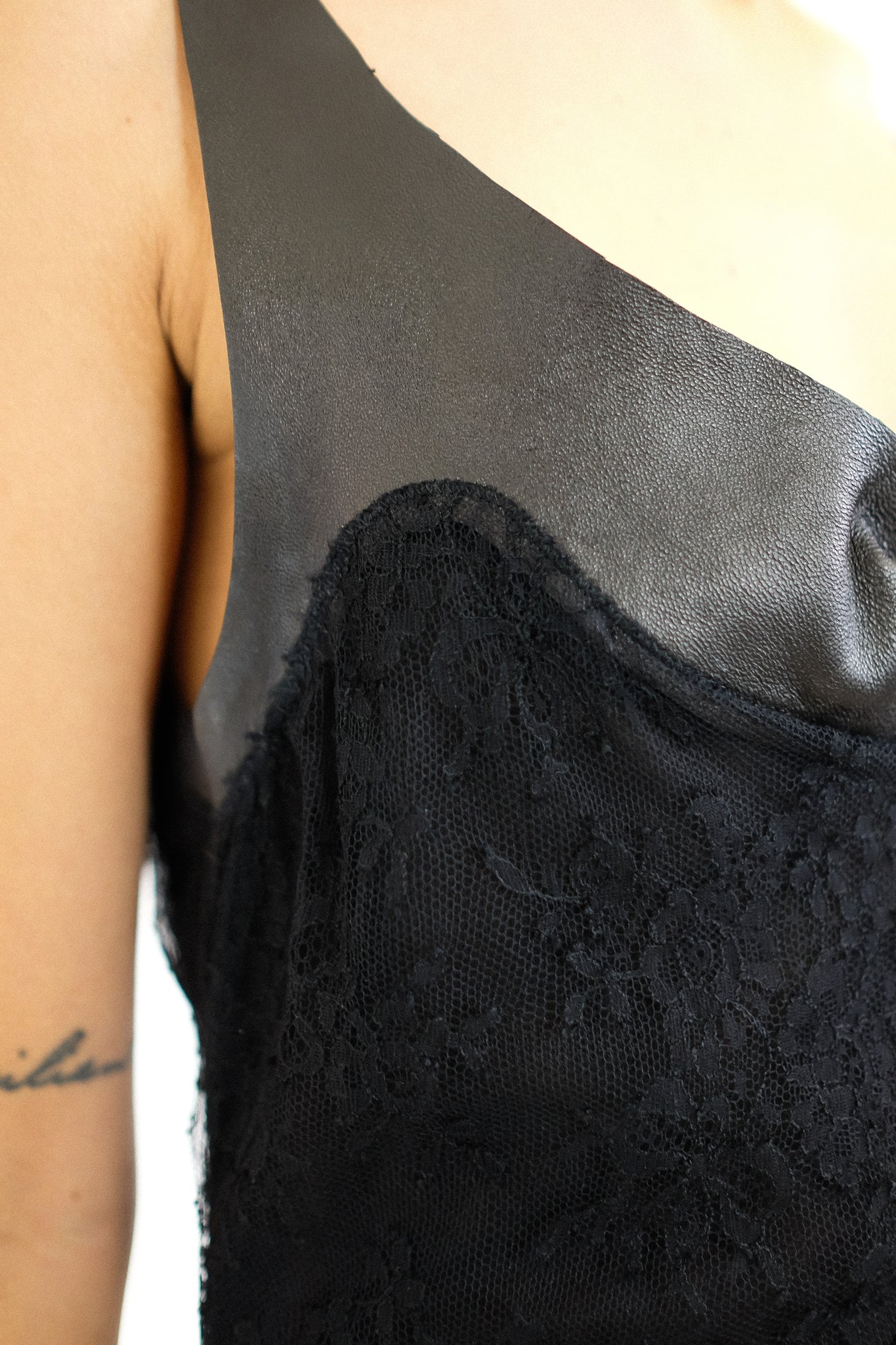 VALENTINO LACE AND LEATHER DRESS IN BLACK