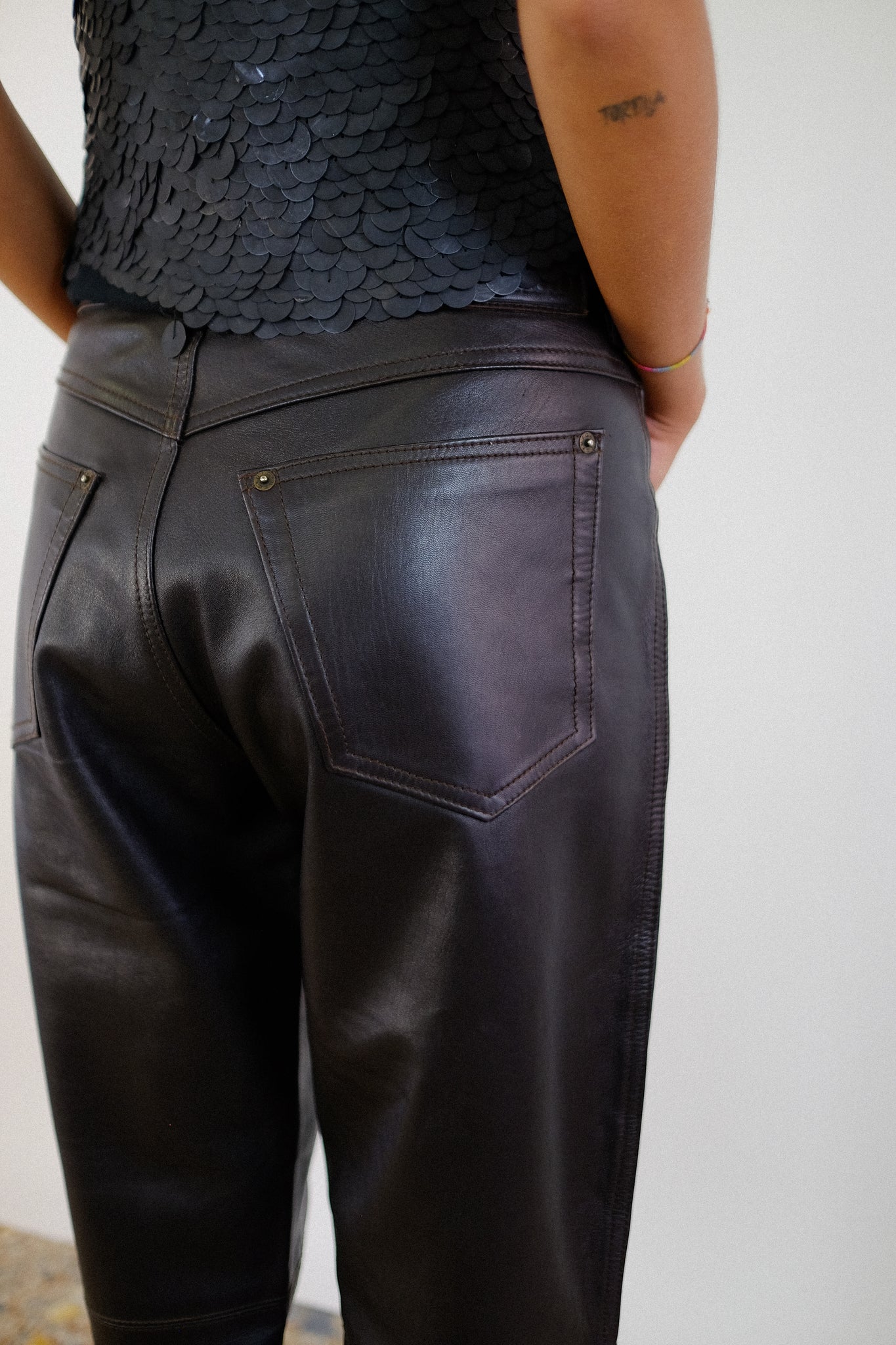 80S MARITHÉ FRANÇOIS GIRBAUD CLOSED LEATHER PANTS IN CHOCOLATE BROWN