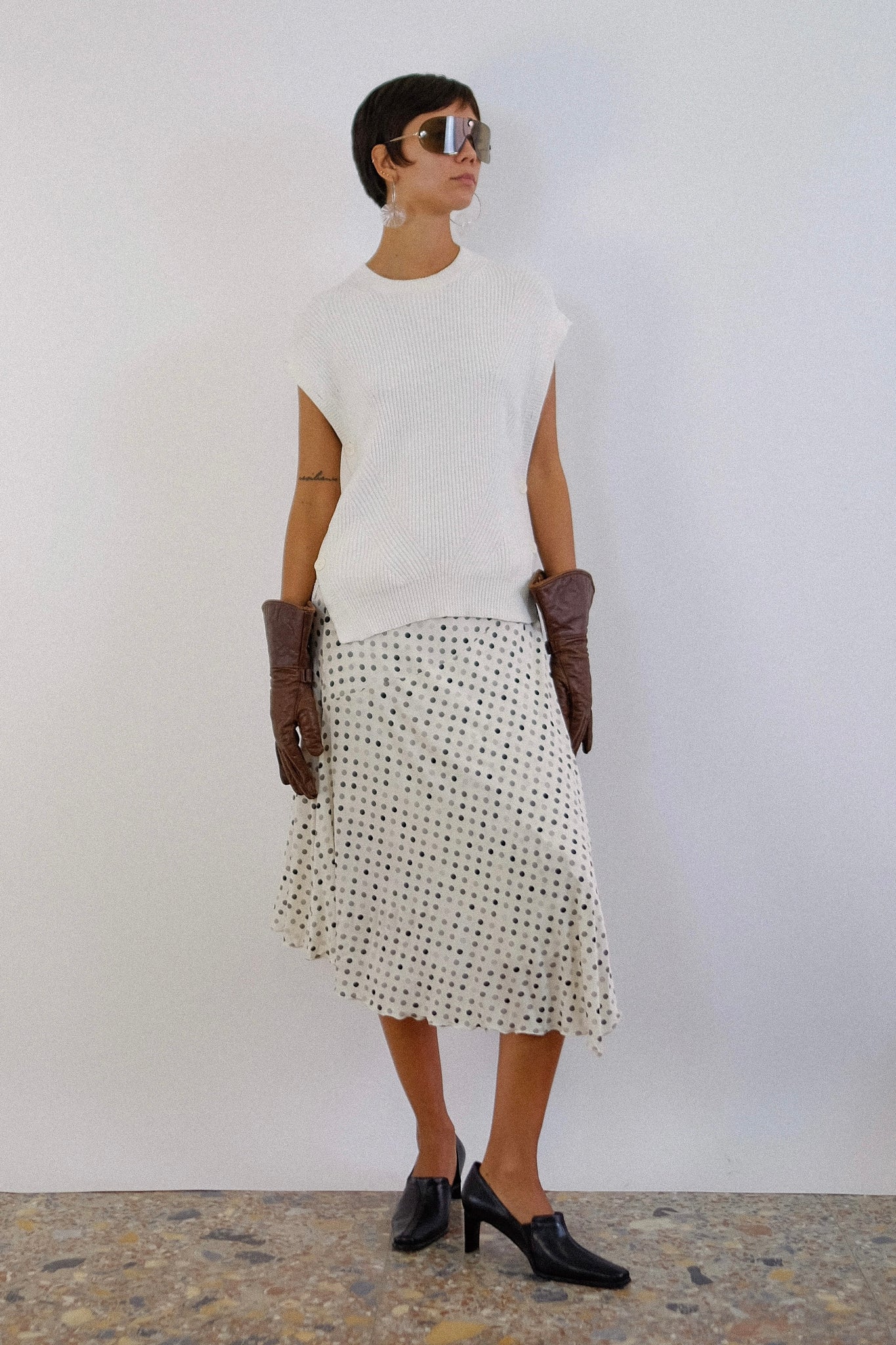 LES COPAINS POLKA DOTS BIAS DRAPE SKIRT IN WHITE AND GREY