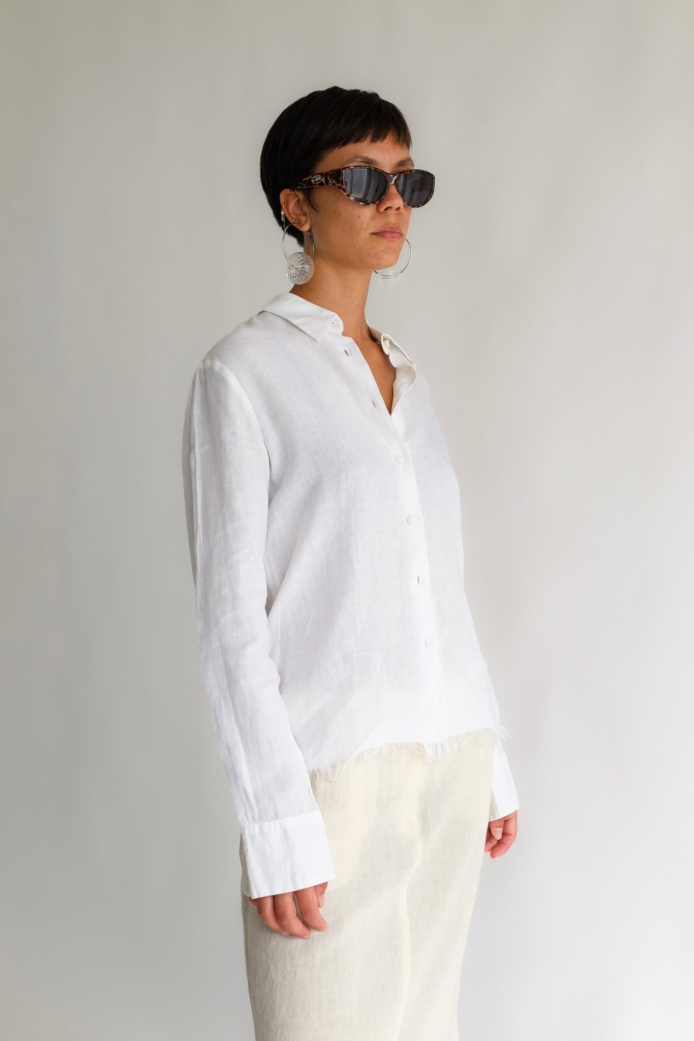 MAX MARA FRAY EDGE SHIRT IN WHITE LINEN