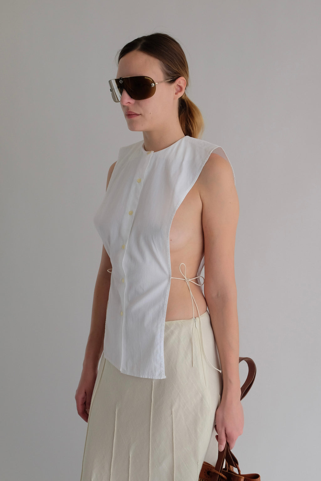 VINTAGE COTTON CHEMISE TIE TOP IN WHITE POPLIN