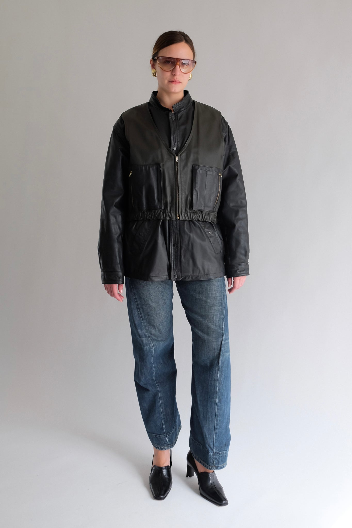 LEATHER DOUBLE VEST JACKET IN BLACK AND DARK OLIVE
