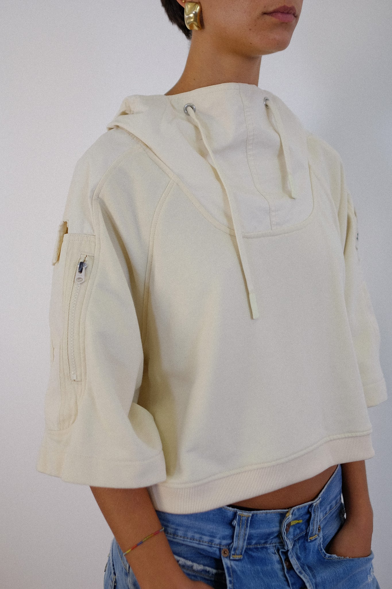 G-STAR CROP HOODIE IN BEIGE & CREAM
